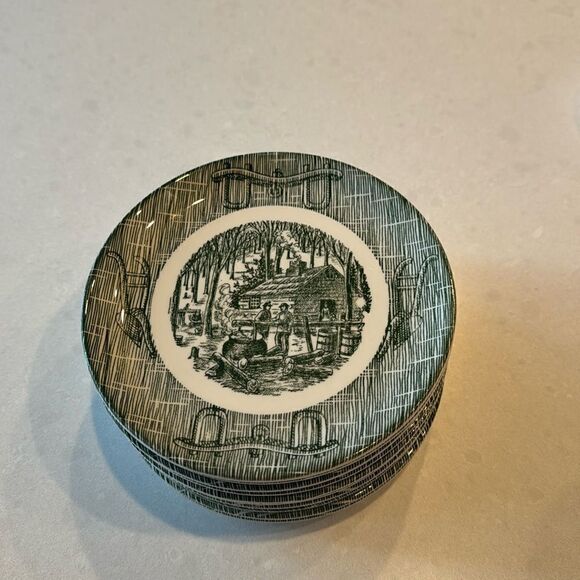 Currier Ives maple sugaring green salad bread butter dessert plates 11 inch set. - Picture 1 of 4